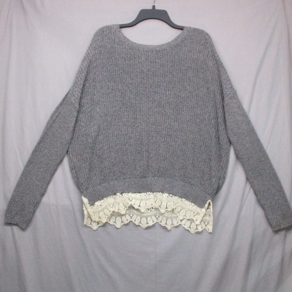 Pins & Needles Anthropologie Cotton Blend Knit Baggy Sweater W/Lace Gray Women S
